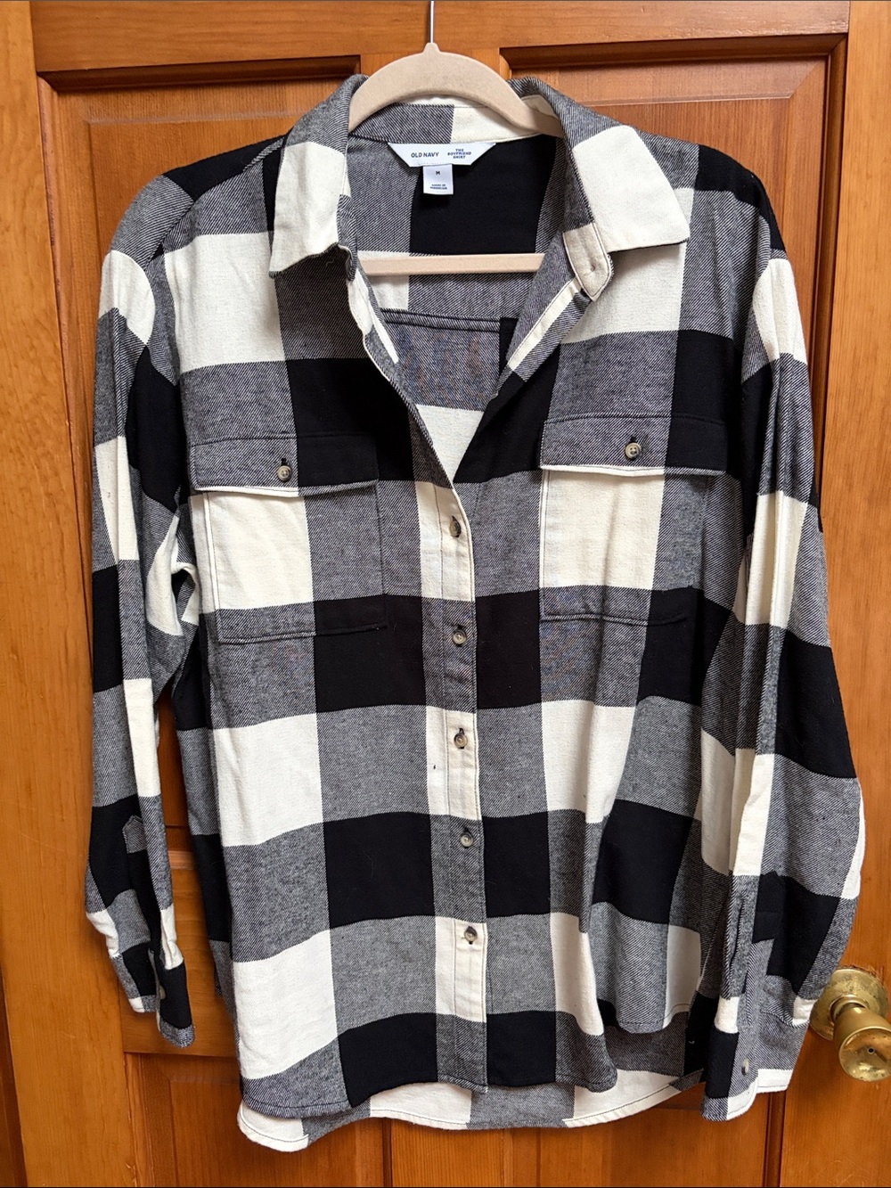 Old Navy Black, Gray & Cream Plaid Button-Down Shirt